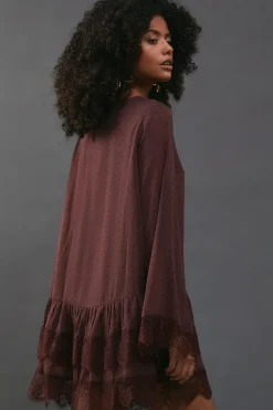 Dobby Chiffon Tie Neck Lace Hem Mini Dress