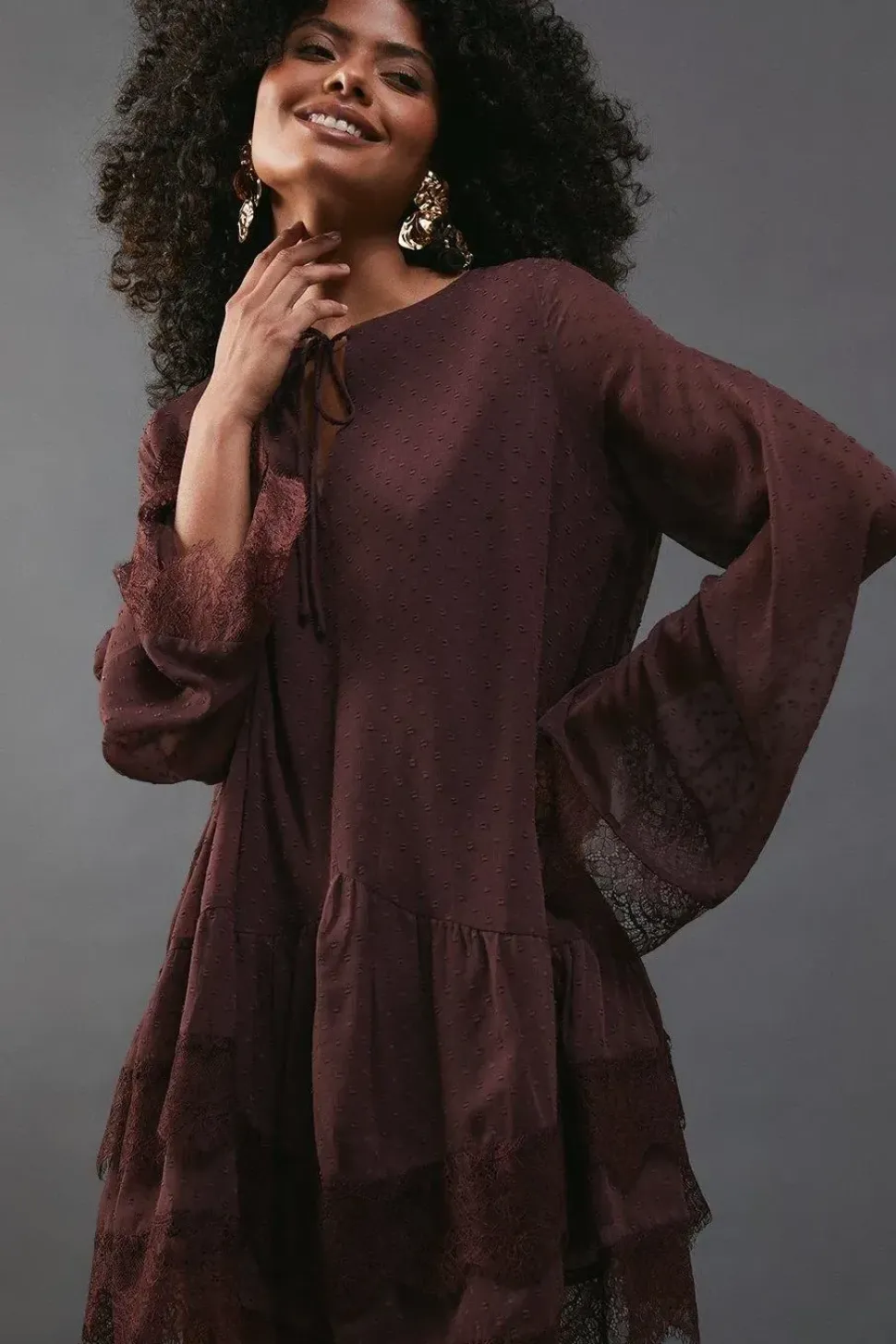 Dobby Chiffon Tie Neck Lace Hem Mini Dress