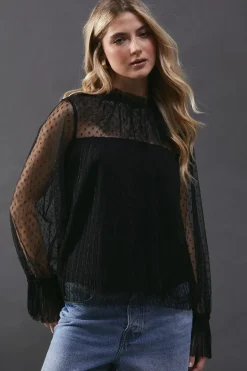 Dobby Tulle Lace Frill Neck Blouse