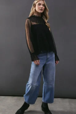 Dobby Tulle Lace Frill Neck Blouse