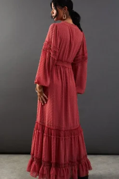 Dobby Tulle Trim Insert Button Maxi Dress