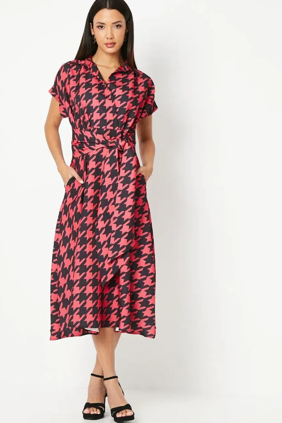 Dogtooth Print Front Tie Shirt Midi Dress