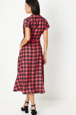 Dogtooth Print Front Tie Shirt Midi Dress