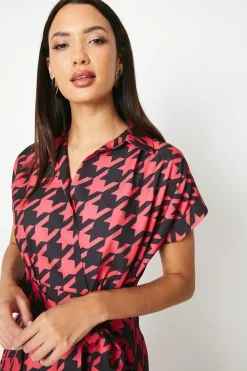 Dogtooth Print Front Tie Shirt Midi Dress