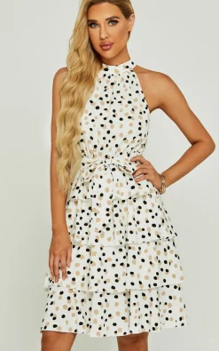 Dot Print Halter Neck Back Cut Detail Ruffle Dress In White