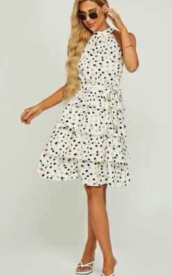 Dot Print Halter Neck Back Cut Detail Ruffle Dress In White