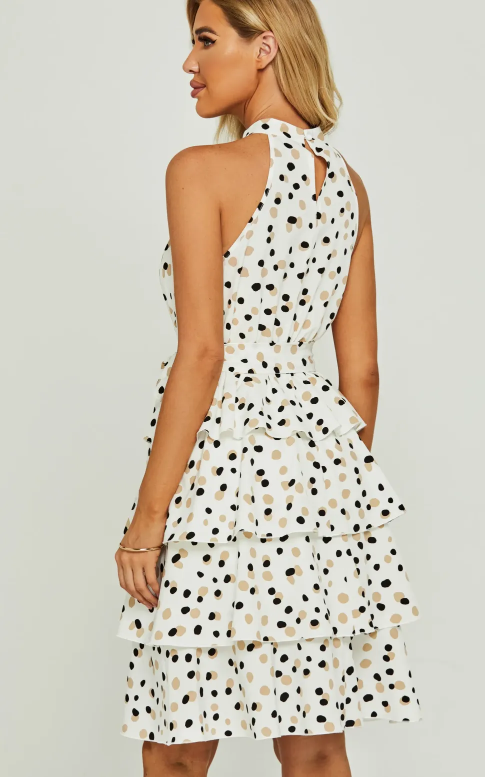 Dot Print Halter Neck Back Cut Detail Ruffle Dress In White