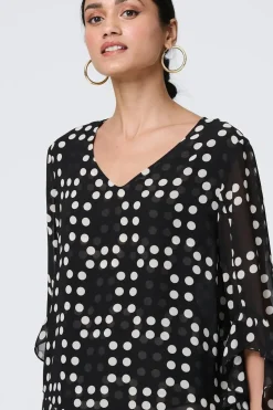 Dot Print Semi Sheer Flare Sleeve Blouse