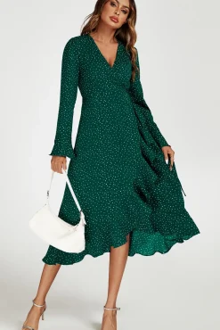 Dot Print Wave Front Frill Wrap Midi Dress In Green