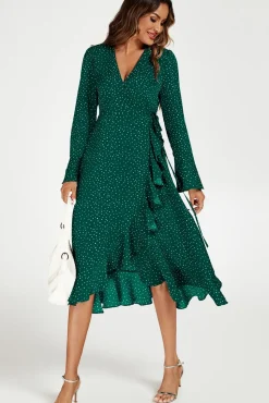Dot Print Wave Front Frill Wrap Midi Dress In Green