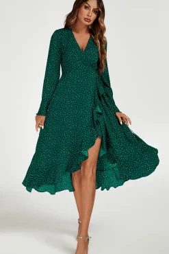 Dot Print Wave Front Frill Wrap Midi Dress In Green