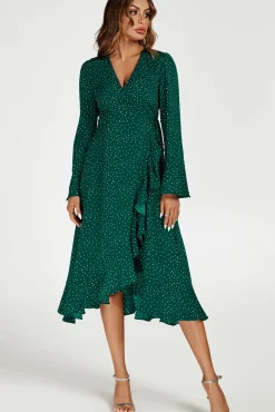 Dot Print Wave Front Frill Wrap Midi Dress In Green