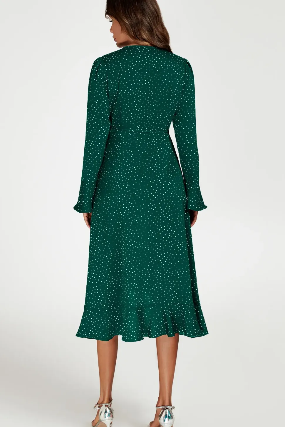 Dot Print Wave Front Frill Wrap Midi Dress In Green