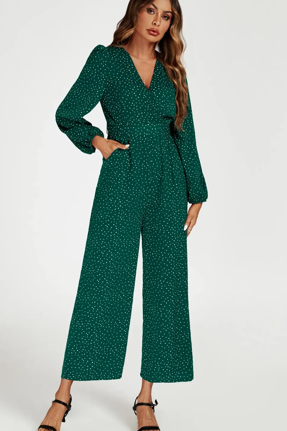 Dot Print Wrap Jumpsuit In Green