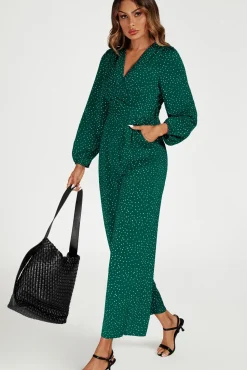 Dot Print Wrap Jumpsuit In Green