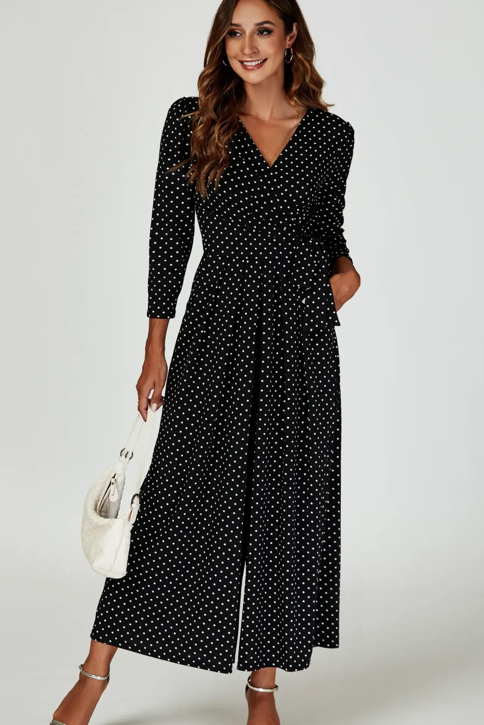 Dot Print Wrap Top Jumpsuit Dress In Black