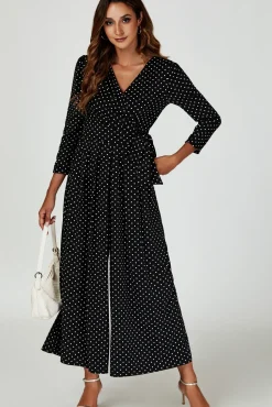Dot Print Wrap Top Jumpsuit Dress In Black