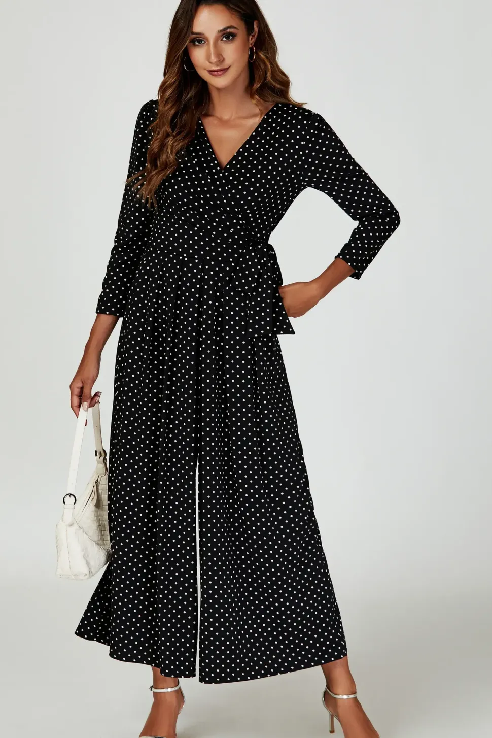 Dot Print Wrap Top Jumpsuit Dress In Black