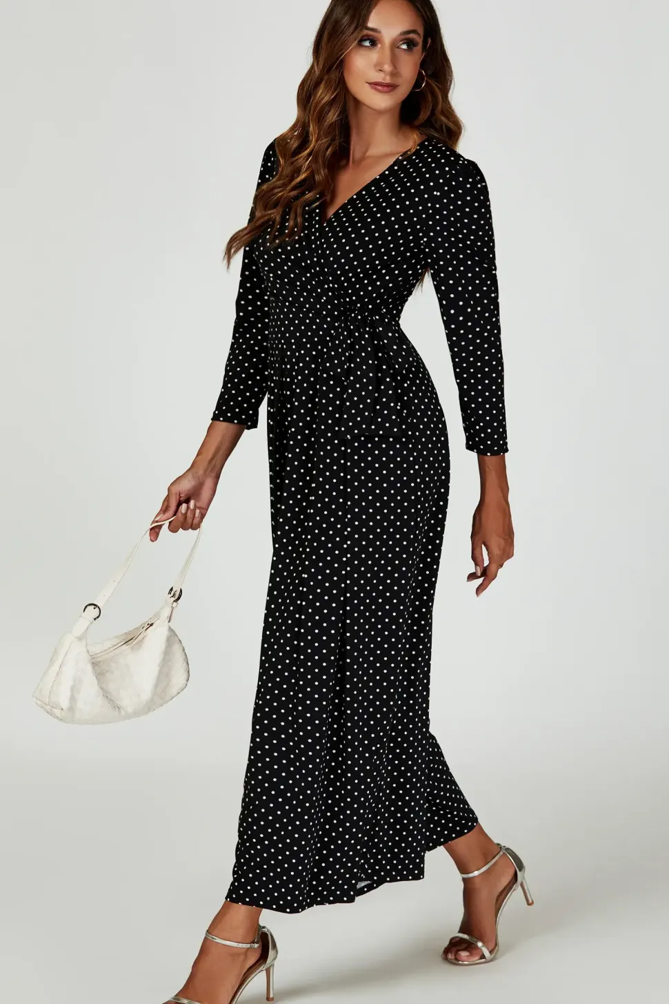 Dot Print Wrap Top Jumpsuit Dress In Black
