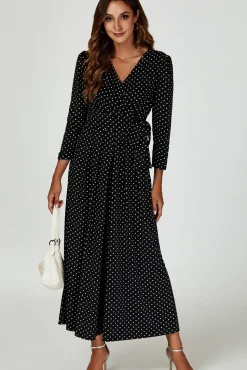 Dot Print Wrap Top Jumpsuit Dress In Black