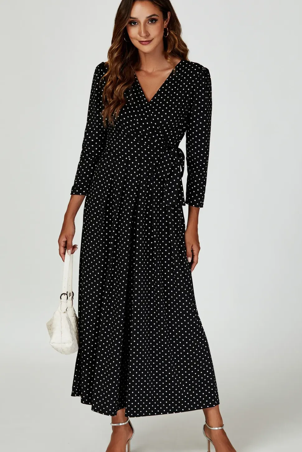 Dot Print Wrap Top Jumpsuit Dress In Black