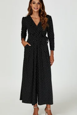 Dot Print Wrap Top Jumpsuit Dress In Black