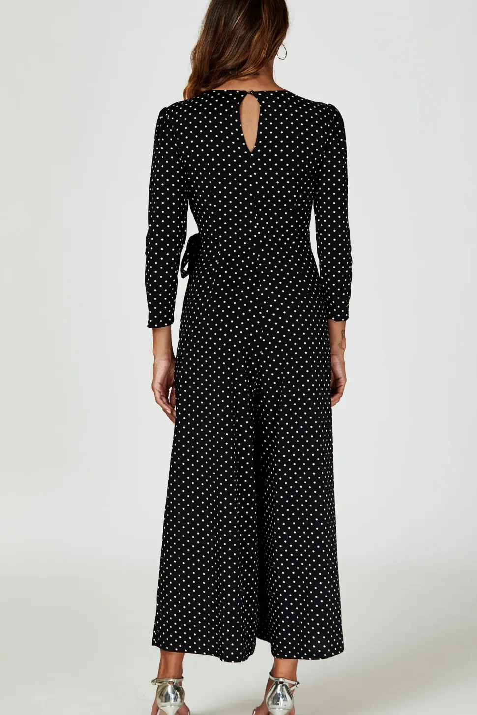 Dot Print Wrap Top Jumpsuit Dress In Black