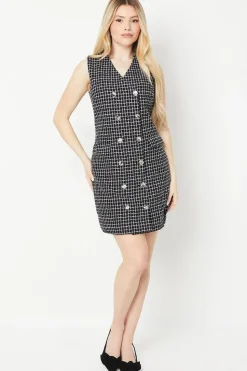 Double Breasted Boucle Check Shift Dress
