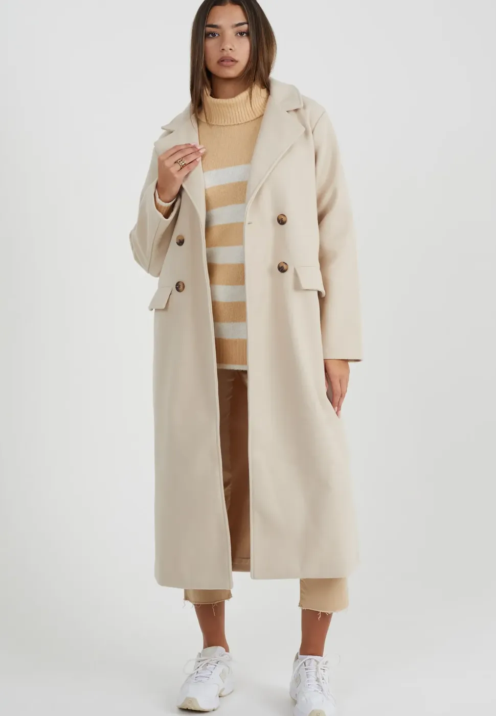 Double Breasted Faux Wool Longline Coat
