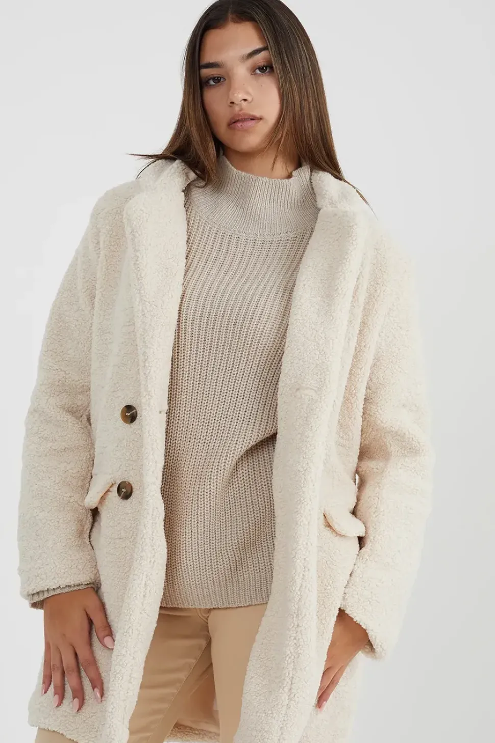 Double Breasted Longline Faux Fur Jacket
