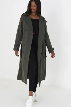 Double-Breasted Longline Trench Coat with Detachable Hood