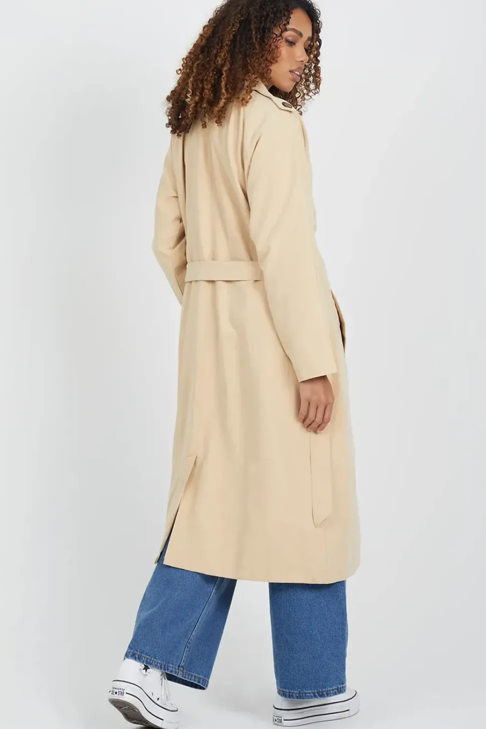 Double-Breasted Longline Trench Coat with Raglan Sleeves