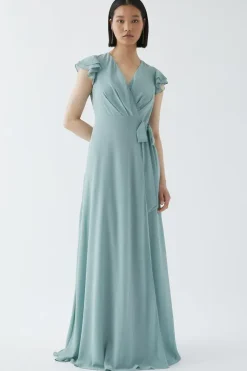 Double Flutter Sleeve Waterfall Wrap Bridesmaid Dress