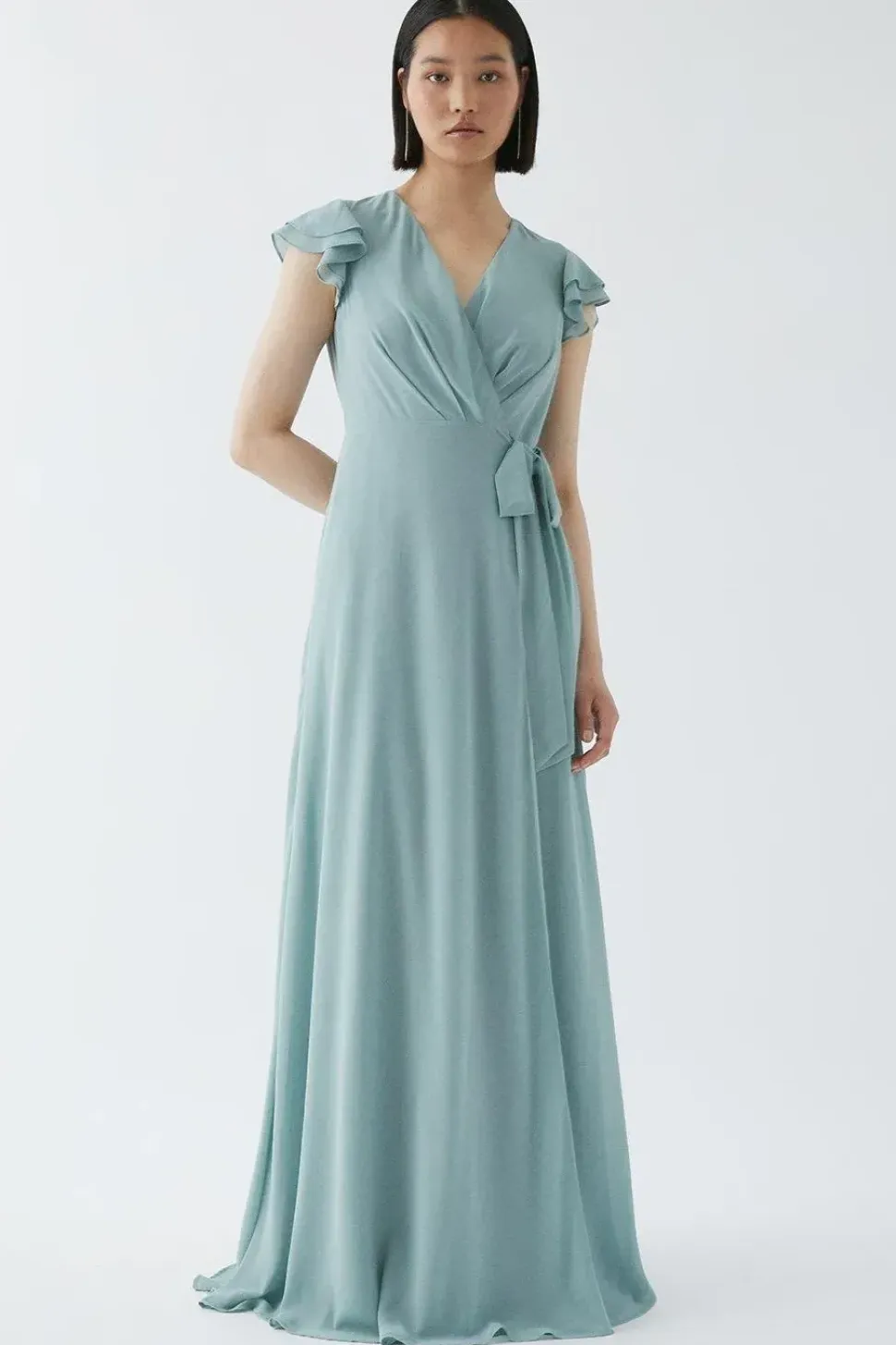Double Flutter Sleeve Waterfall Wrap Bridesmaid Dress