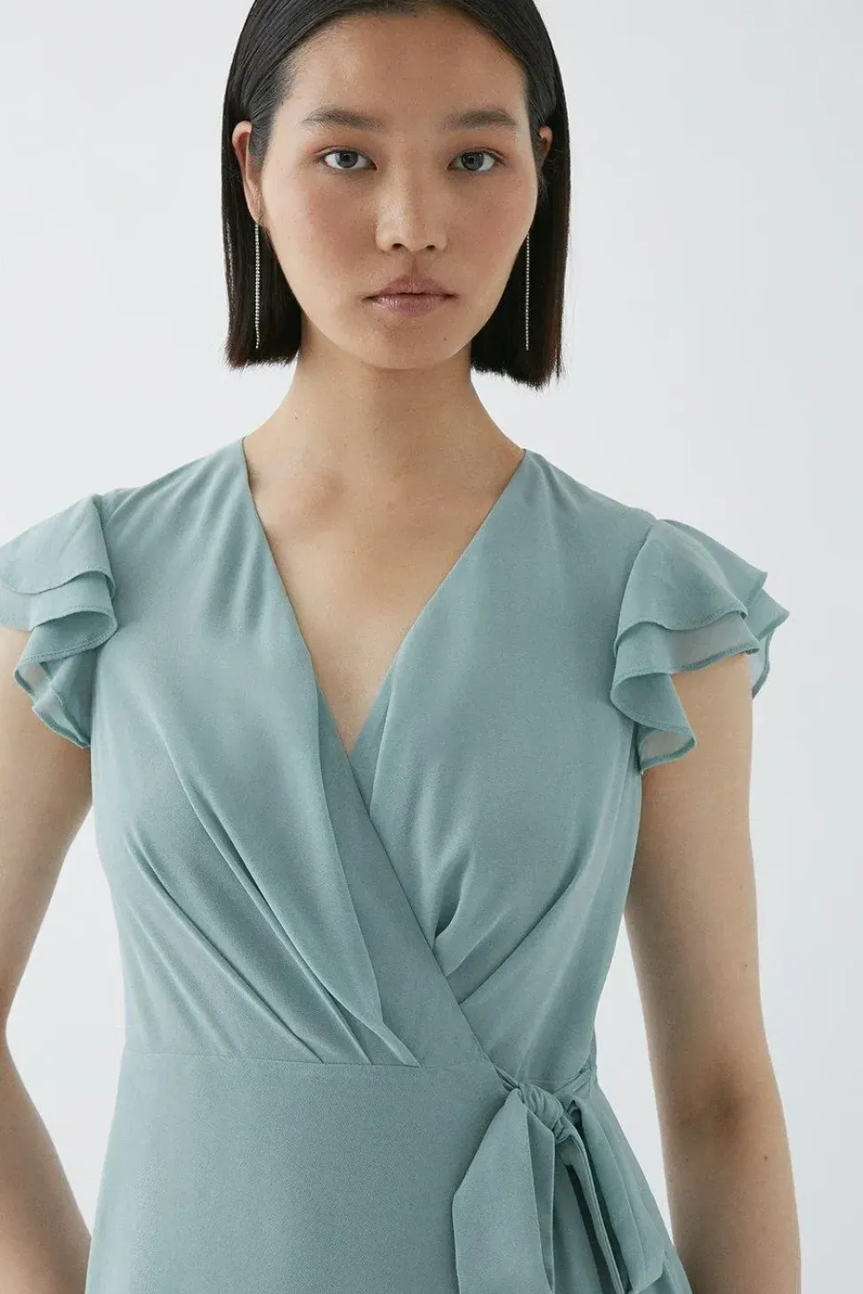 Double Flutter Sleeve Waterfall Wrap Bridesmaid Dress