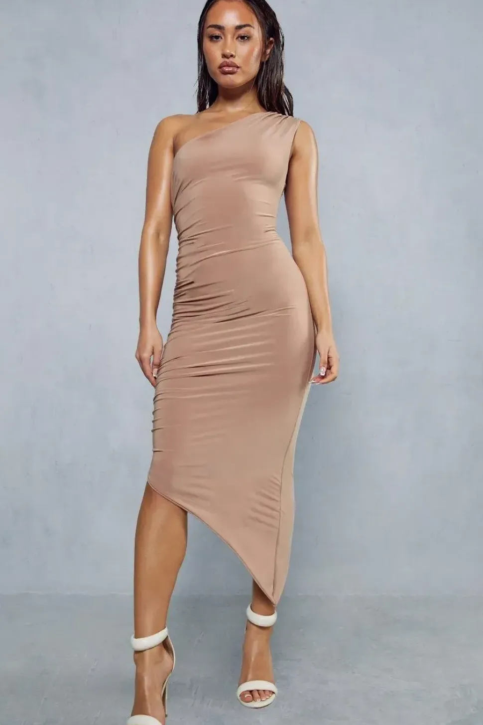 Double Layer Slinky Asymmetric Ruched Midi Dress