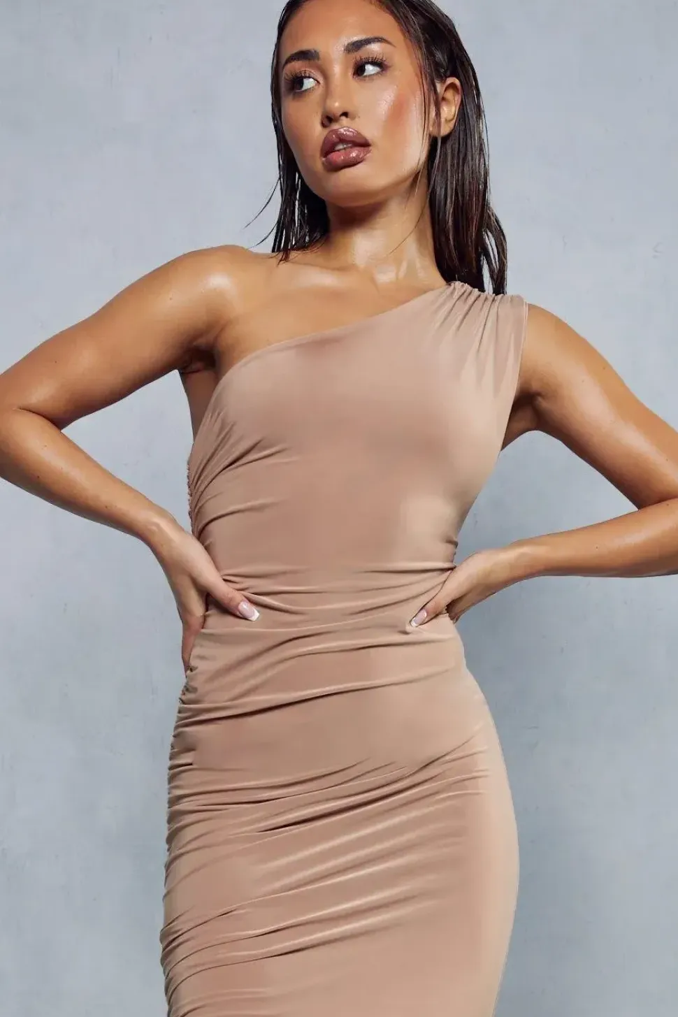 Double Layer Slinky Asymmetric Ruched Midi Dress