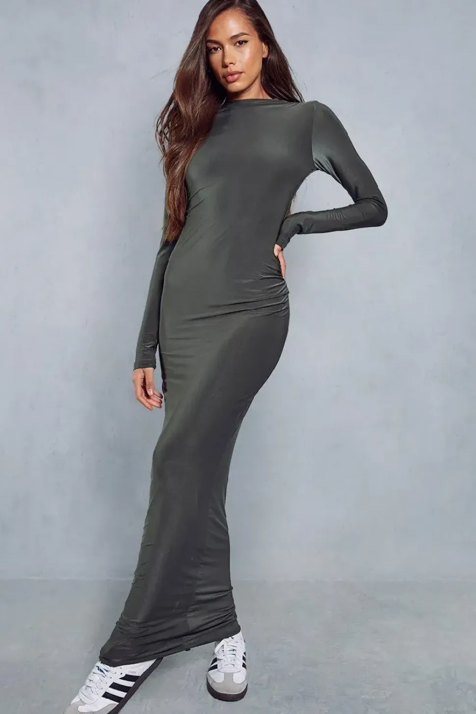 Double Layer Slinky High Neck Ruched Detail Maxi Dress