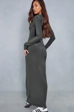 Double Layer Slinky High Neck Ruched Detail Maxi Dress