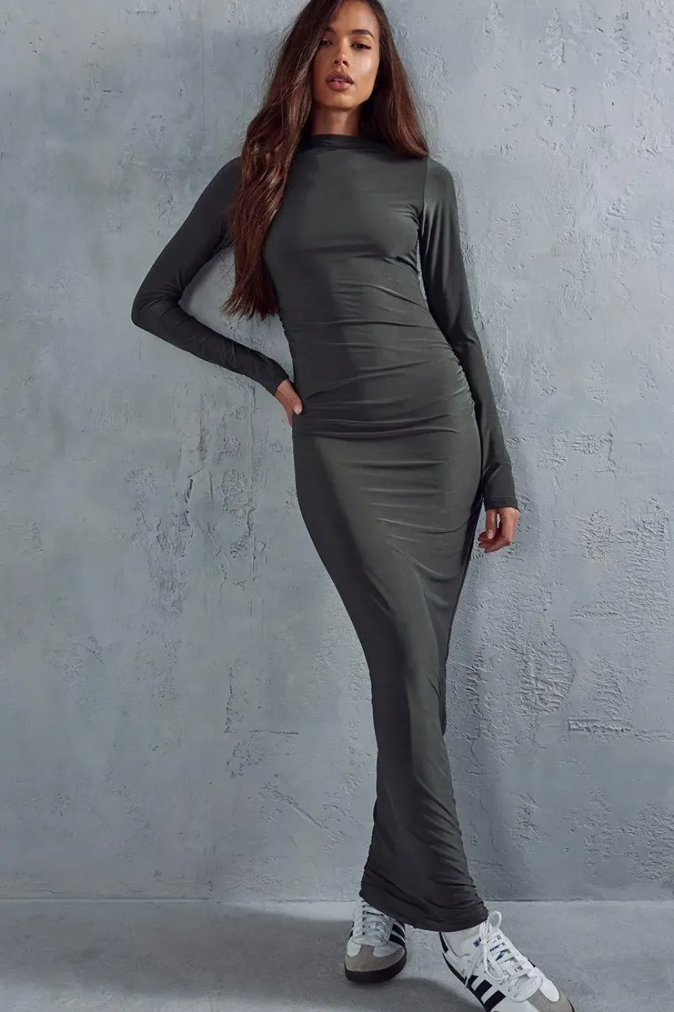 Double Layer Slinky High Neck Ruched Detail Maxi Dress