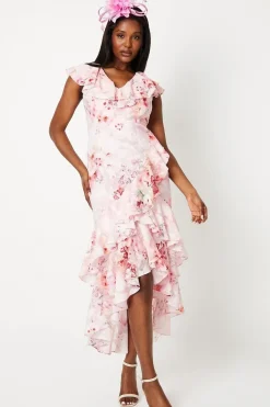 Double Ruffle Printed Georgette Jacquard Midi Dress