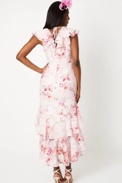 Double Ruffle Printed Georgette Jacquard Midi Dress