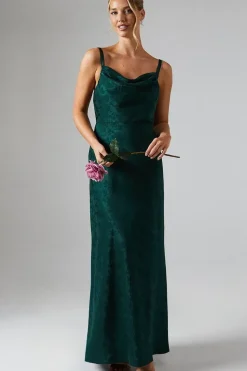 Double Strap Cowl Neck Satin Jacquard Bridesmaids Dress