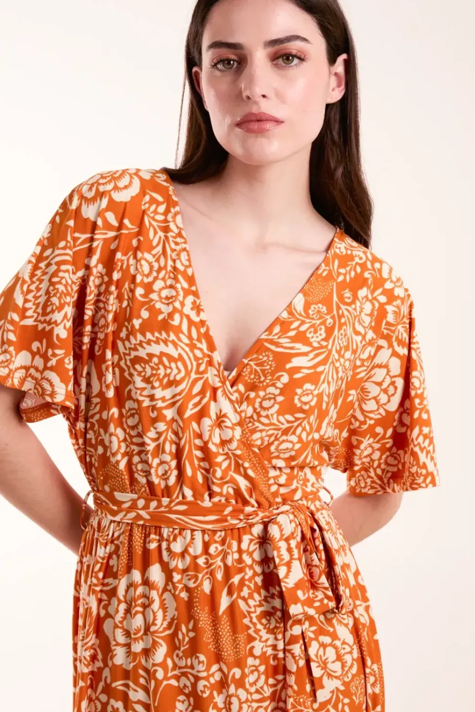 Double V Midi Dress With Tassel Tie