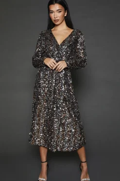 DP Luxe Multi Sequin Wrap Belted Midi Dress
