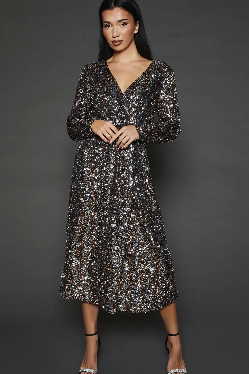 DP Luxe Multi Sequin Wrap Belted Midi Dress