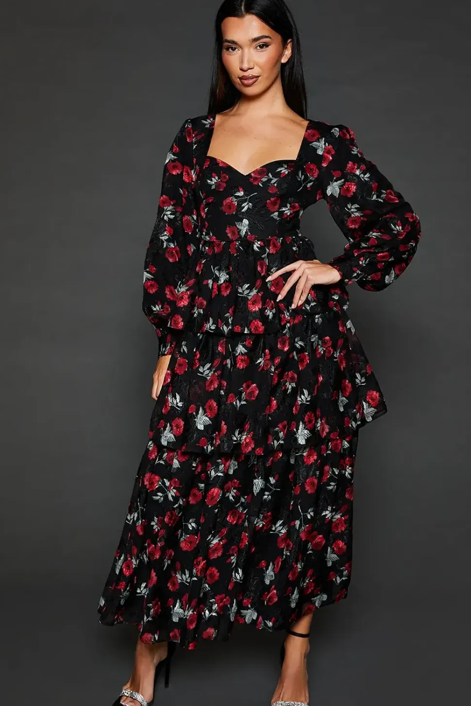Dp Luxe Rose Devore Ruffle Midi Dress