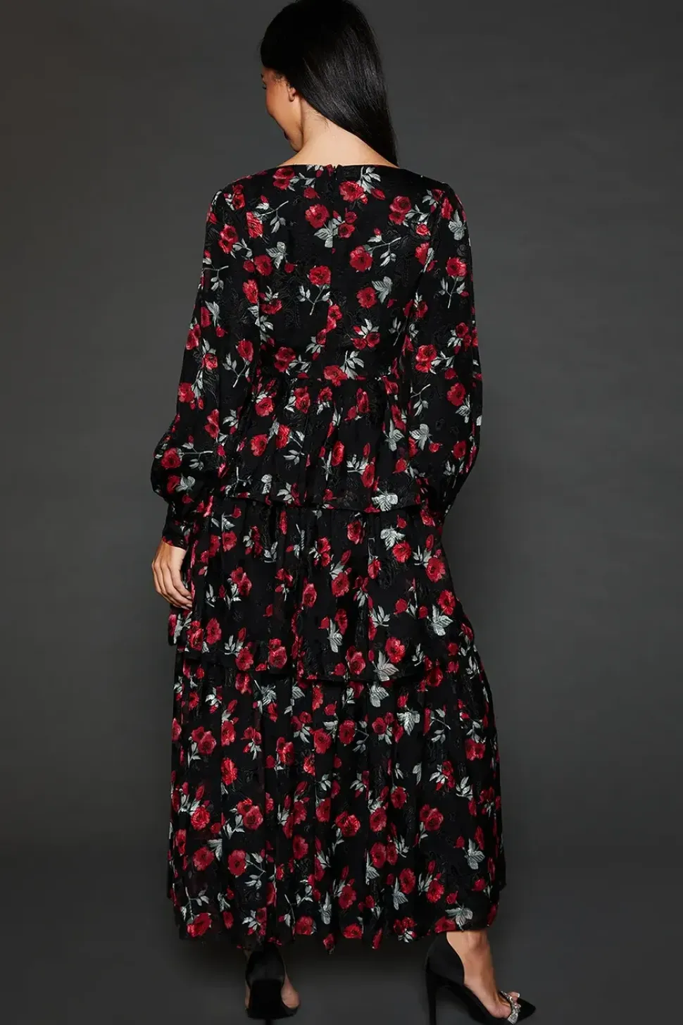 Dp Luxe Rose Devore Ruffle Midi Dress
