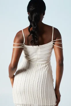 Drape Beaded Pearls Shoulder Detail Bridal Mini Dress