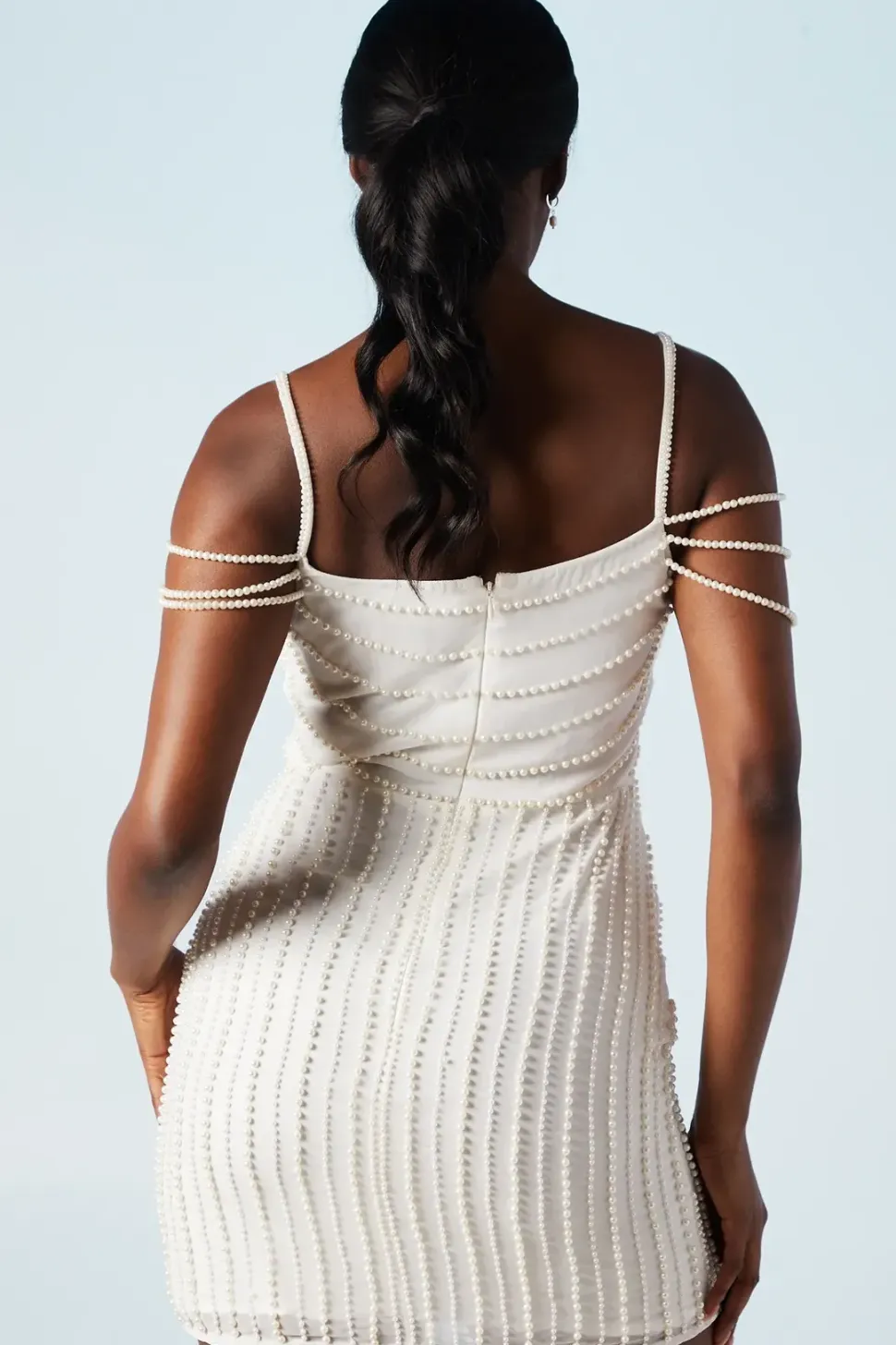 Drape Beaded Pearls Shoulder Detail Bridal Mini Dress